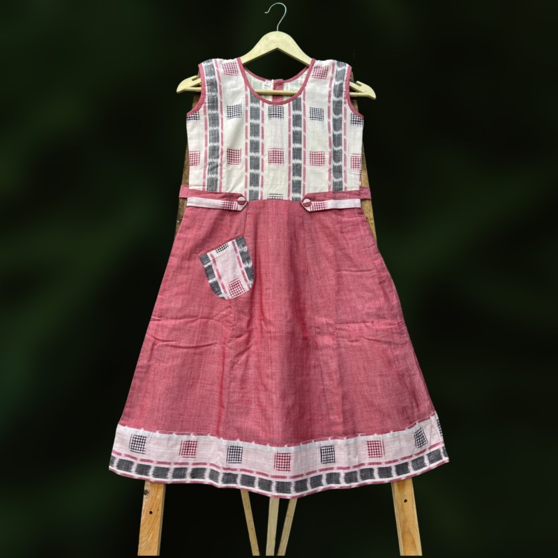 Sambalpuri And Plain Mix Handloom Pure Cotton frock for Kids Girls